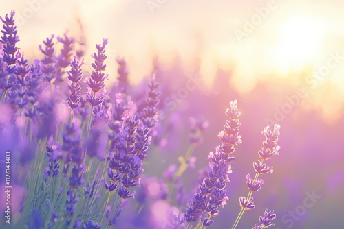 Lavender field at sunset creates a dreamy atmosphere with soft light and vibrant purple flowers in full bloom. Generative AI