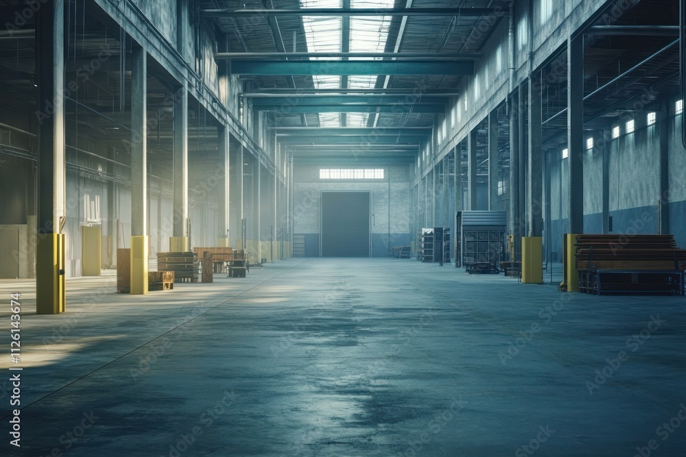 A spacious, well-lit industrial warehouse interior with shelving and storage areas. A spacious, well-lit industrial warehouse interior with shelving and storage areas.