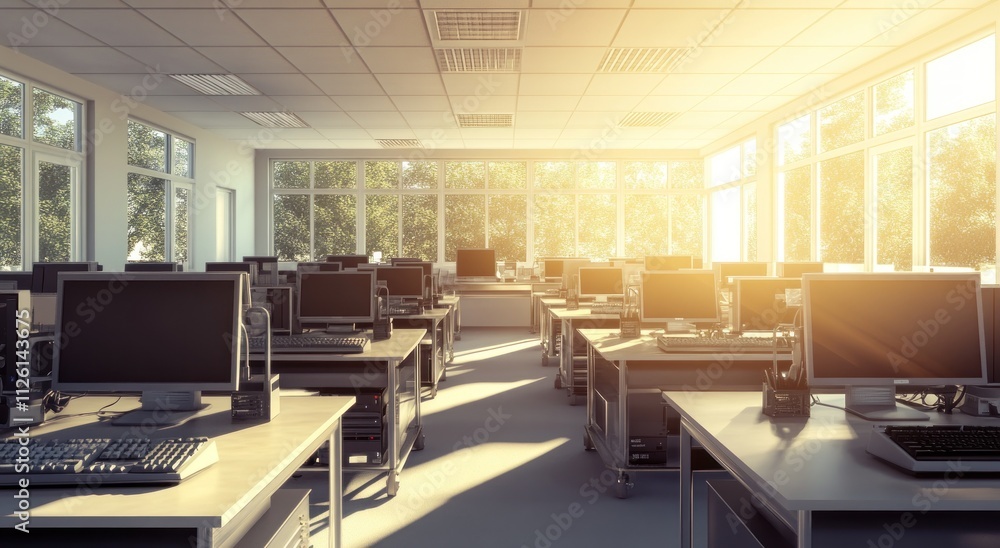 A bright, modern office space with computers and large windows for natural light. A bright, modern office space with computers and large windows for natural light.