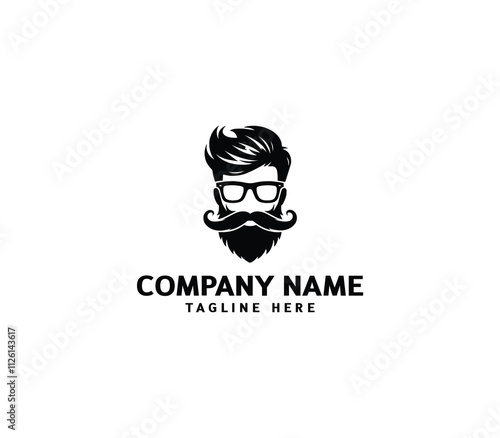 Vector bearded men face. Masculine beard and hair with glasses logo. Hipster man face logo design