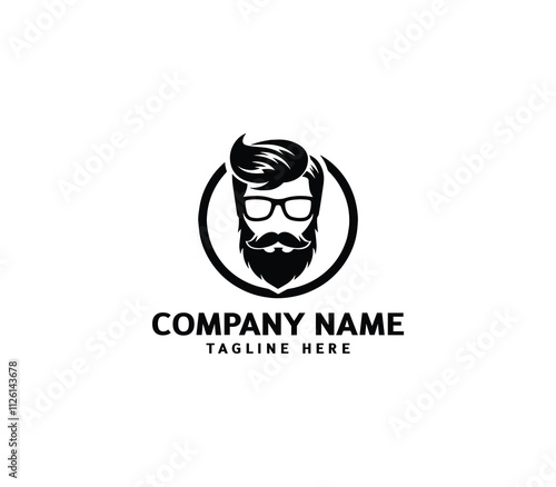 Vector bearded men face. Masculine beard and hair with glasses logo. Hipster man face logo design