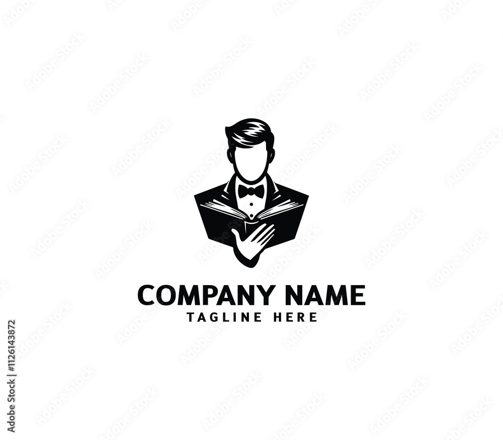 Gentleman in Tuxedo Reading Book Logo. Elegant Minimalist Tuxedo Man Read Book. Vector Illustration Gentleman in Tuxedo Reading Book Logo. Elegant Minimalist Tuxedo Man Read Book. Vector Illustration