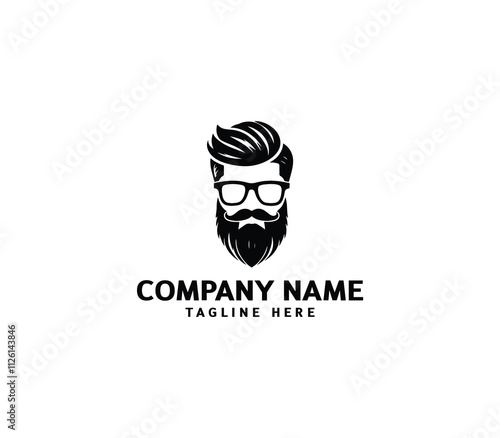 Vector bearded men face. Masculine beard and hair with glasses logo. Hipster man face logo design