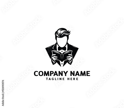 Gentleman in Tuxedo Reading Book Logo. Elegant Minimalist Tuxedo Man Read Book. Vector Illustration