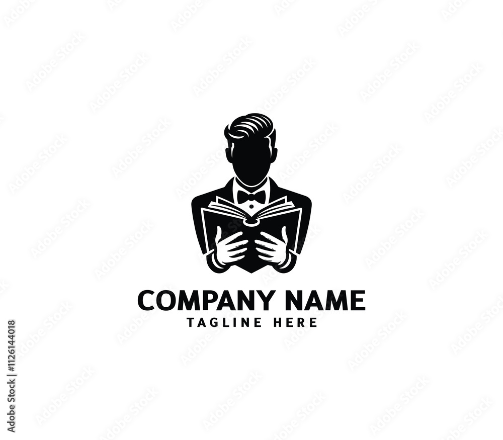 Gentleman in Tuxedo Reading Book Logo. Elegant Minimalist Tuxedo Man Read Book. Vector Illustration Gentleman in Tuxedo Reading Book Logo. Elegant Minimalist Tuxedo Man Read Book. Vector Illustration