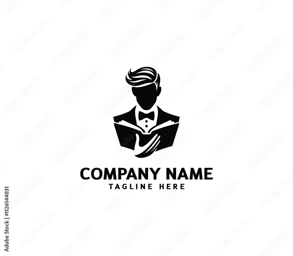 Gentleman in Tuxedo Reading Book Logo. Elegant Minimalist Tuxedo Man Read Book. Vector Illustration Gentleman in Tuxedo Reading Book Logo. Elegant Minimalist Tuxedo Man Read Book. Vector Illustration