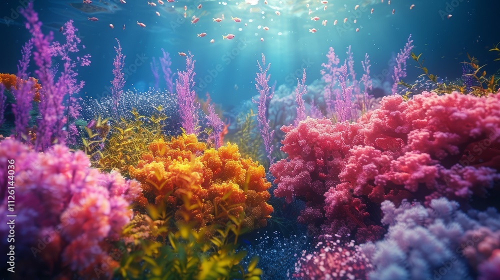 Naklejka premium Colorful Coral Reef with Sunbeams and Fish