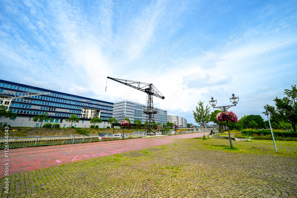 Fototapeta premium View of the surrounding area at the inner harbor in Duisburg an der Ruhr. 