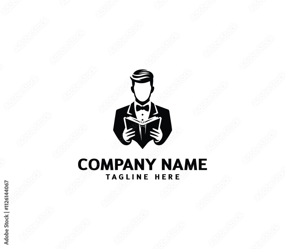Gentleman in Tuxedo Reading Book Logo. Elegant Minimalist Tuxedo Man Read Book. Vector Illustration Gentleman in Tuxedo Reading Book Logo. Elegant Minimalist Tuxedo Man Read Book. Vector Illustration