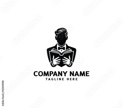 Gentleman in Tuxedo Reading Book Logo. Elegant Minimalist Tuxedo Man Read Book. Vector Illustration