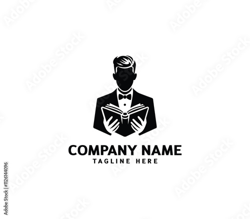 Gentleman in Tuxedo Reading Book Logo. Elegant Minimalist Tuxedo Man Read Book. Vector Illustration