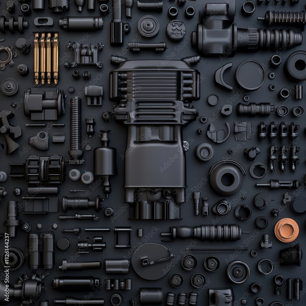 Parts seals automotive A close-up of various black mechanical parts arranged artfully on a dark surface. Parts seals automotive A close-up of various black mechanical parts arranged artfully on a dark surface.