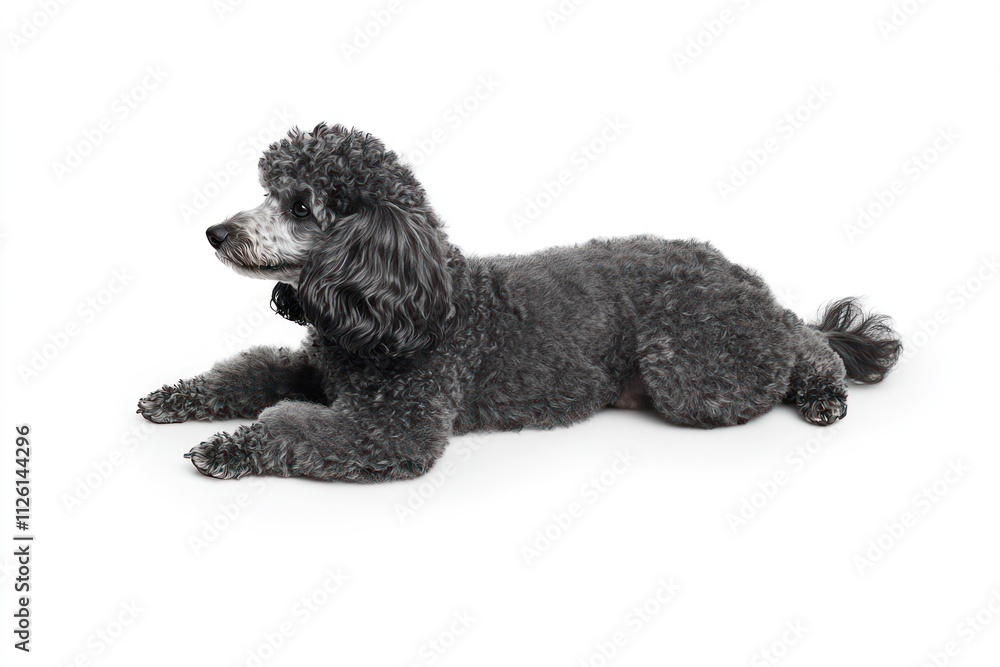 A gray poodle lying down on a white background. A gray poodle lying down on a white background.