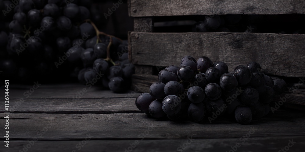 A cluster of dark grapes resting on a rustic wooden surface beside a crate.