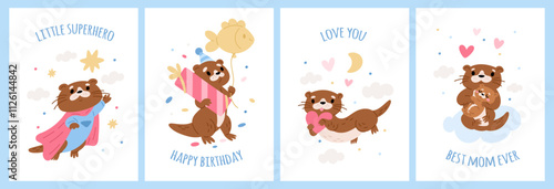 Cute otters cards. Funny little marine animals. Kids birthday party. Happy Mothers day. Love confession Valentine holiday. Cartoon weasel mascot with festive gifts. Garish vector set