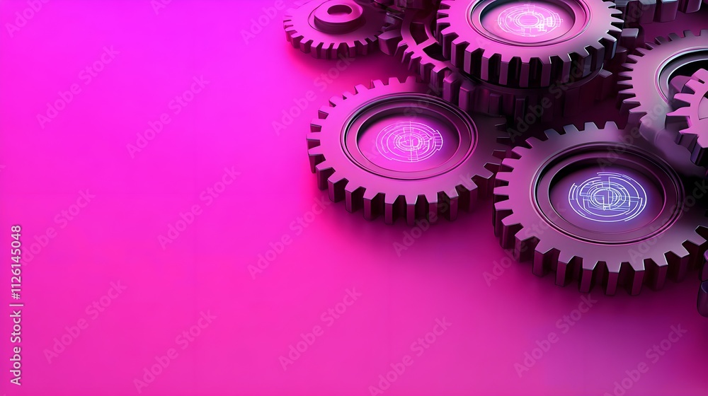 pink gears tech background, abstract cogs - 3d rendering