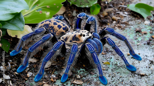 Close-up of a vibrant blue tarantula spider amidst lush green foliage. photo