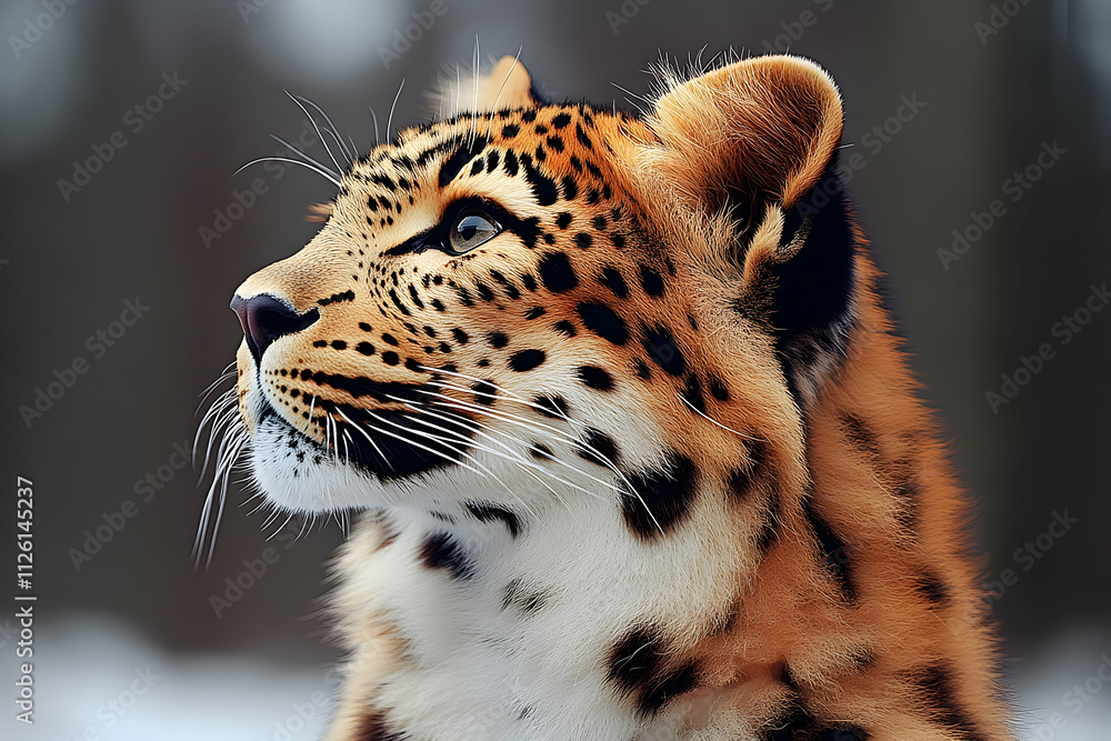 Close-up of an Amur leopard's head and shoulders, looking to the side against a blurred background. Close-up of an Amur leopard's head and shoulders, looking to the side against a blurred background.