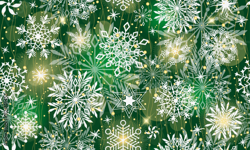 Vector Christmas hand drawn seamless pattern with doodle white snowflakes and stars and bokeh on dark green background