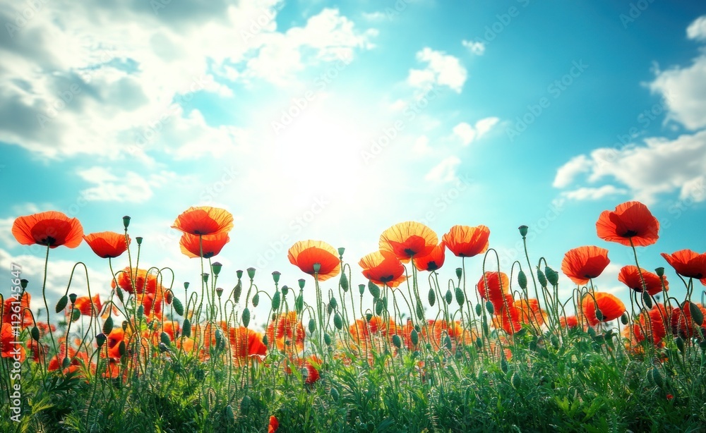 Obraz premium A vibrant field of red poppies under a bright blue sky with fluffy clouds.