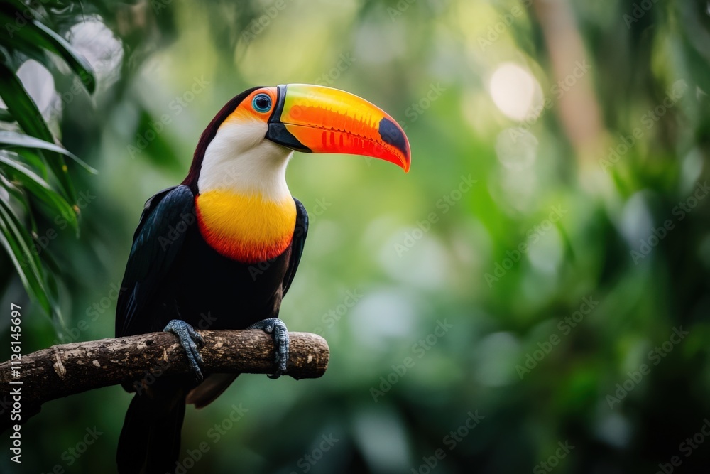 colorful toucan perched on a branch in a lush green environment colorful toucan perched on a branch in a lush green environment
