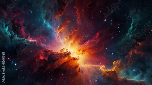 Cosmic Nebula: A vibrant tapestry of cosmic gas and dust, swirling with fiery hues against a backdrop of twinkling stars.