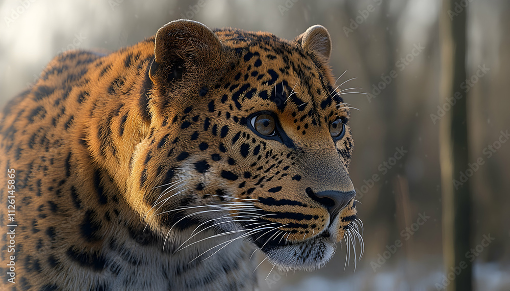 Obraz premium Close-up portrait of a majestic Amur leopard in a winter setting, showcasing its striking coat and intense gaze.