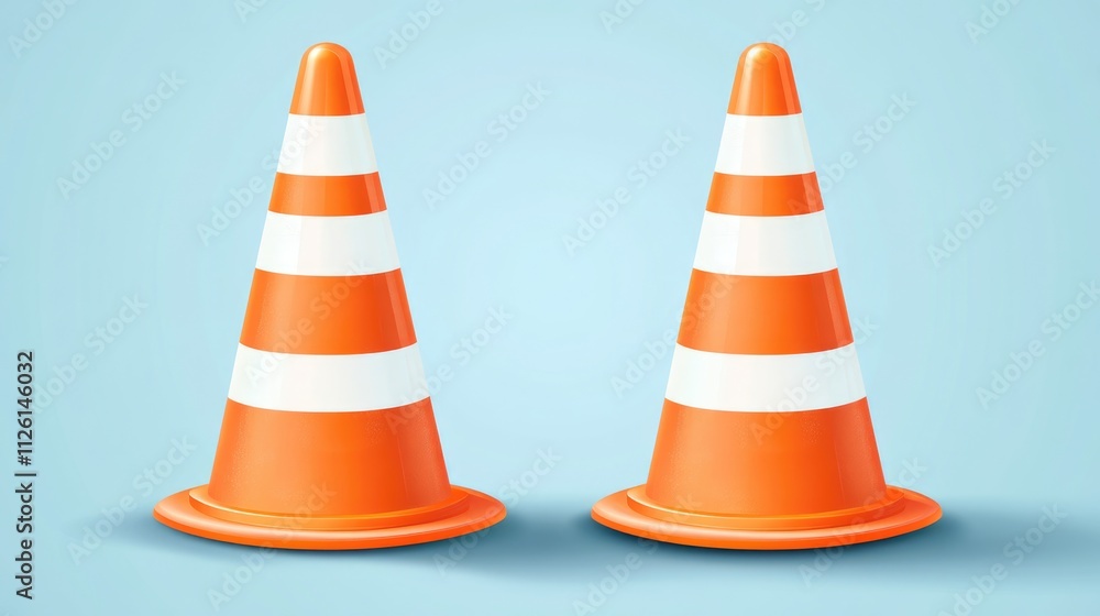 Two Orange and White Traffic Cones on a Light Blue Background Two Orange and White Traffic Cones on a Light Blue Background