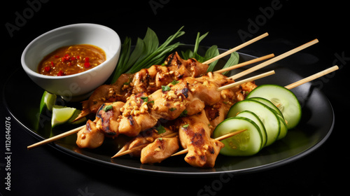 Chicken satay skewers with peanut sauce, skew stock photo  photo