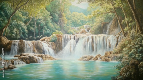 Serene Waterfall in Lush Tropical Paradise: A Masterpiece of Nature's Beauty