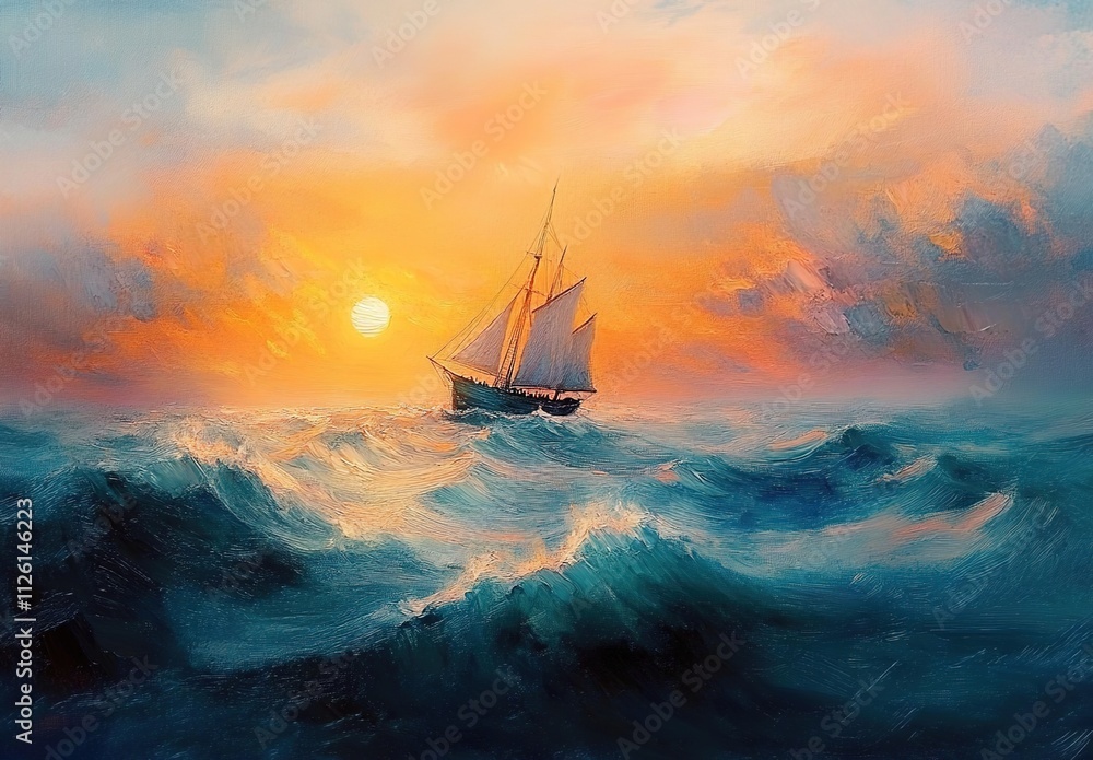 Obraz premium Sailing ship on the sea, sunset, oil painting, oil color palette