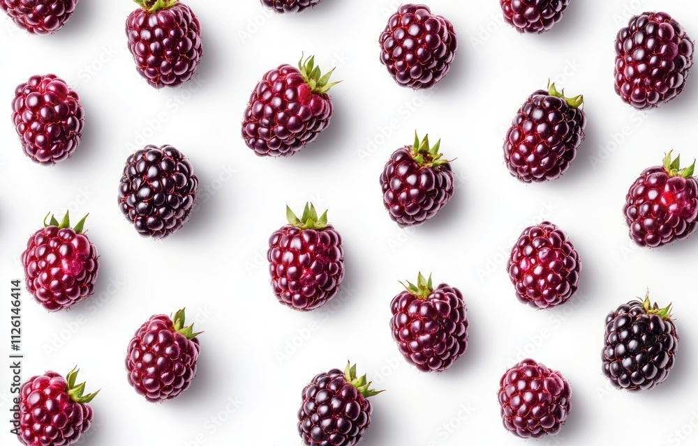 A flat lay of fresh blackberries on a white background. A flat lay of fresh blackberries on a white background.