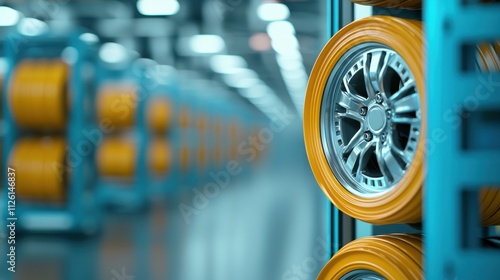 Parts seals automotive Industrial warehouse with stacked orange cables and a shiny wheel in focus. photo