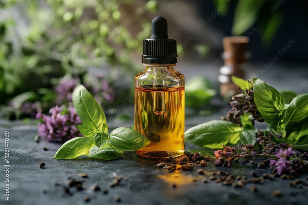 Essential oil bottle surrounded by basil and holy basil flowers with soft natural lighting Essential oil bottle surrounded by basil and holy basil flowers with soft natural lighting