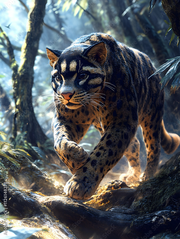 Fototapeta premium Majestic clouded leopard walking through lush rainforest, sunlight filtering through leaves.