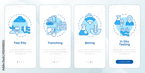 Geotechnical tests blue onboarding mobile app screen. Survey walkthrough 4 steps editable graphic instructions with linear concepts. UI, UX, GUI template. Montserrat SemiBold, Regular fonts used