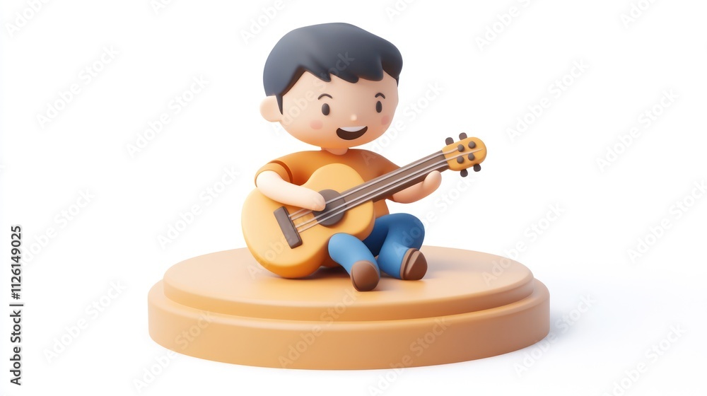 A cheerful cartoon figure playing guitar on a pedestal, symbolizing music and creativity. A cheerful cartoon figure playing guitar on a pedestal, symbolizing music and creativity.