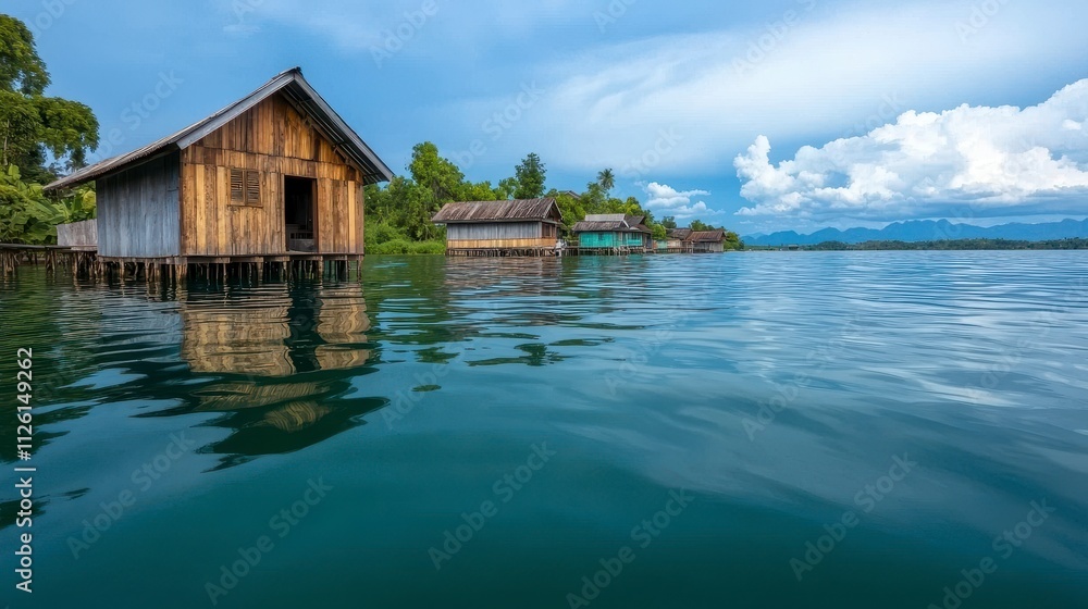 Serene Stilt Houses on a Calm Tropical Sea Serene Stilt Houses on a Calm Tropical Sea
