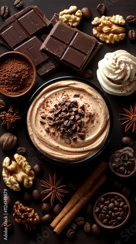 Mocha mousse - color of the year - moodboard - sweet cocoa, coffee, pralines and hot chocolate with whipped cream	
 photo