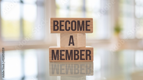 Wooden blocks, become a member, join us, membership, sign up, invitation, call to action, typography, lettering, rustic, handmade, craft, design element, marketing, announcement.

