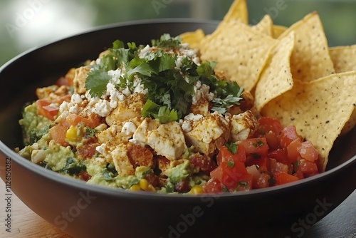 Freshly made guacamole with chips photo