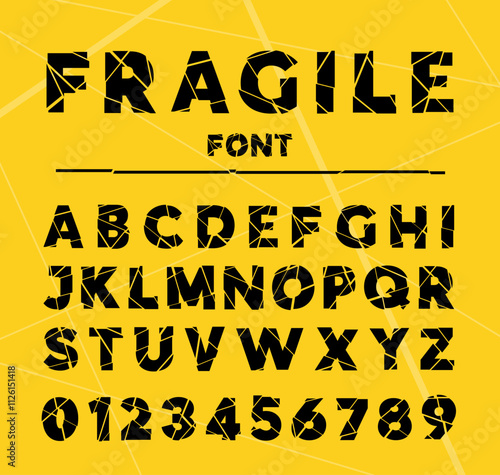 Broken font. Decorative sans serif type alphabet. Stencil grunge letters and numbers. Divided glass with offset segments. Typography typeface. Shattered symbols. Alphabetical vector set
