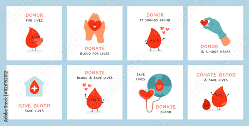 Blood donation cards. Cute red drop characters with happy faces. Care of patients. Volunteer program. Hands hold heart. charity plasma donating. Donor day posters garish vector set