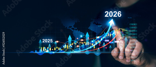  Development to success and motivation in 2026.Growth and development chart of company in new year 2026. Planning,opportunity, challenge and business strategy in new year 2026. photo