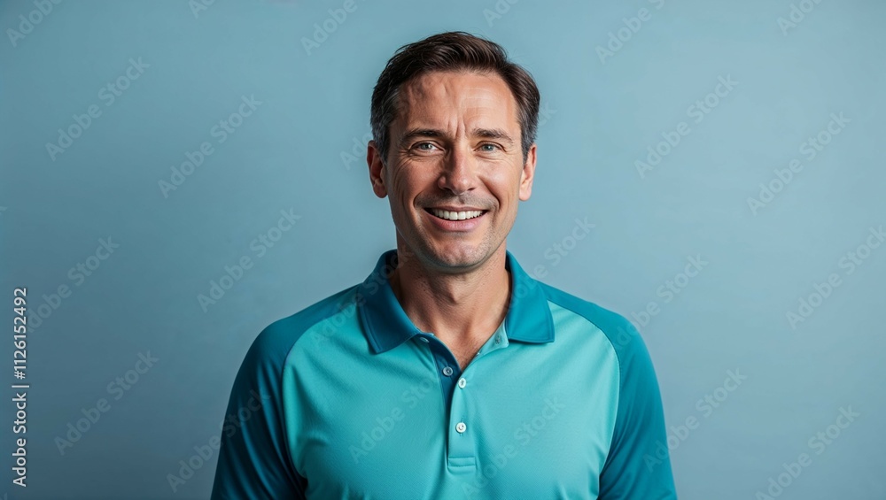A confident, mature man with a beard, dressed in a blue shirt, looks directly at the camera with a serious expression A confident, mature man with a beard, dressed in a blue shirt, looks directly at the camera with a serious expression