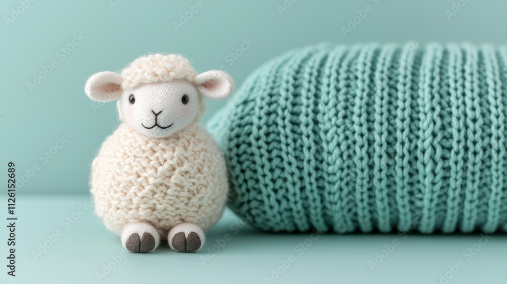 Adorable Knitted Lamb Toy Beside a Teal Knit Blanket Adorable Knitted Lamb Toy Beside a Teal Knit Blanket