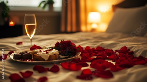 Romantic bedroom setting with champagne, dessert, roses, and petals on bed.