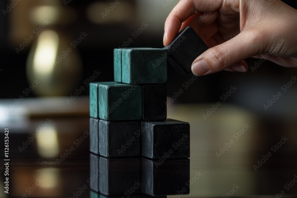 A hand places a cube on a stack of black and teal blocks, showcasing balance and focus. A hand places a cube on a stack of black and teal blocks, showcasing balance and focus.