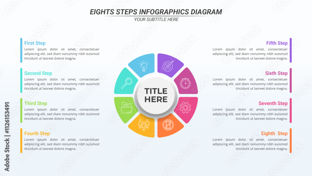 Fototapeta premium Diagram Infographic with 8 Options and Editable Text on a 16:9 Layout for Business Presentation, Poster, Banner and Booklet.