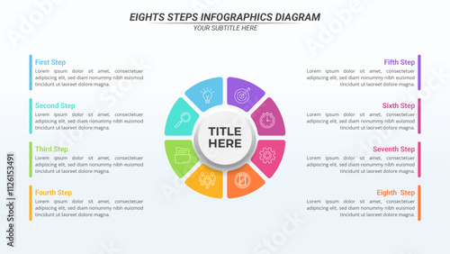 Diagram Infographic with 8 Options and Editable Text on a 16:9 Layout for Business Presentation, Poster, Banner and Booklet.